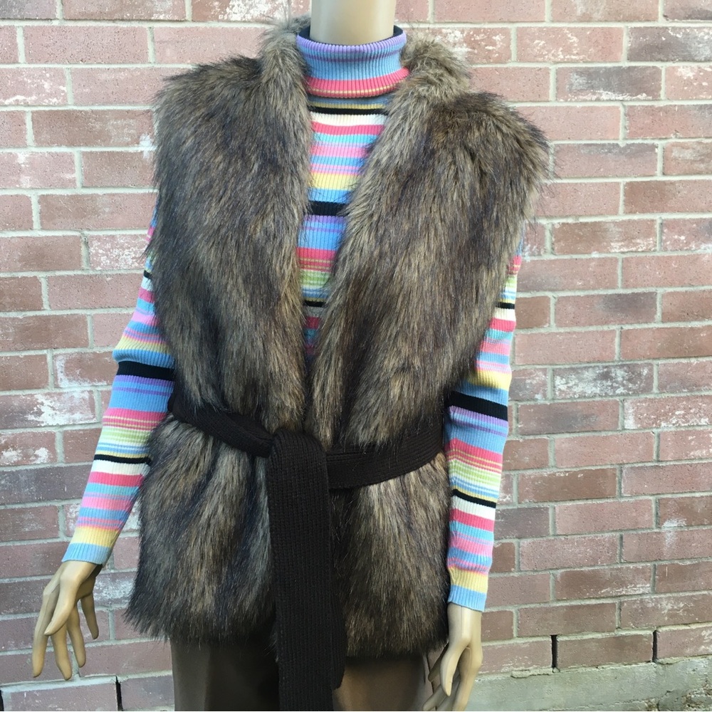 Dark Coffee Faux Fur Vest Belted by Uniform JPR Size L with Tag